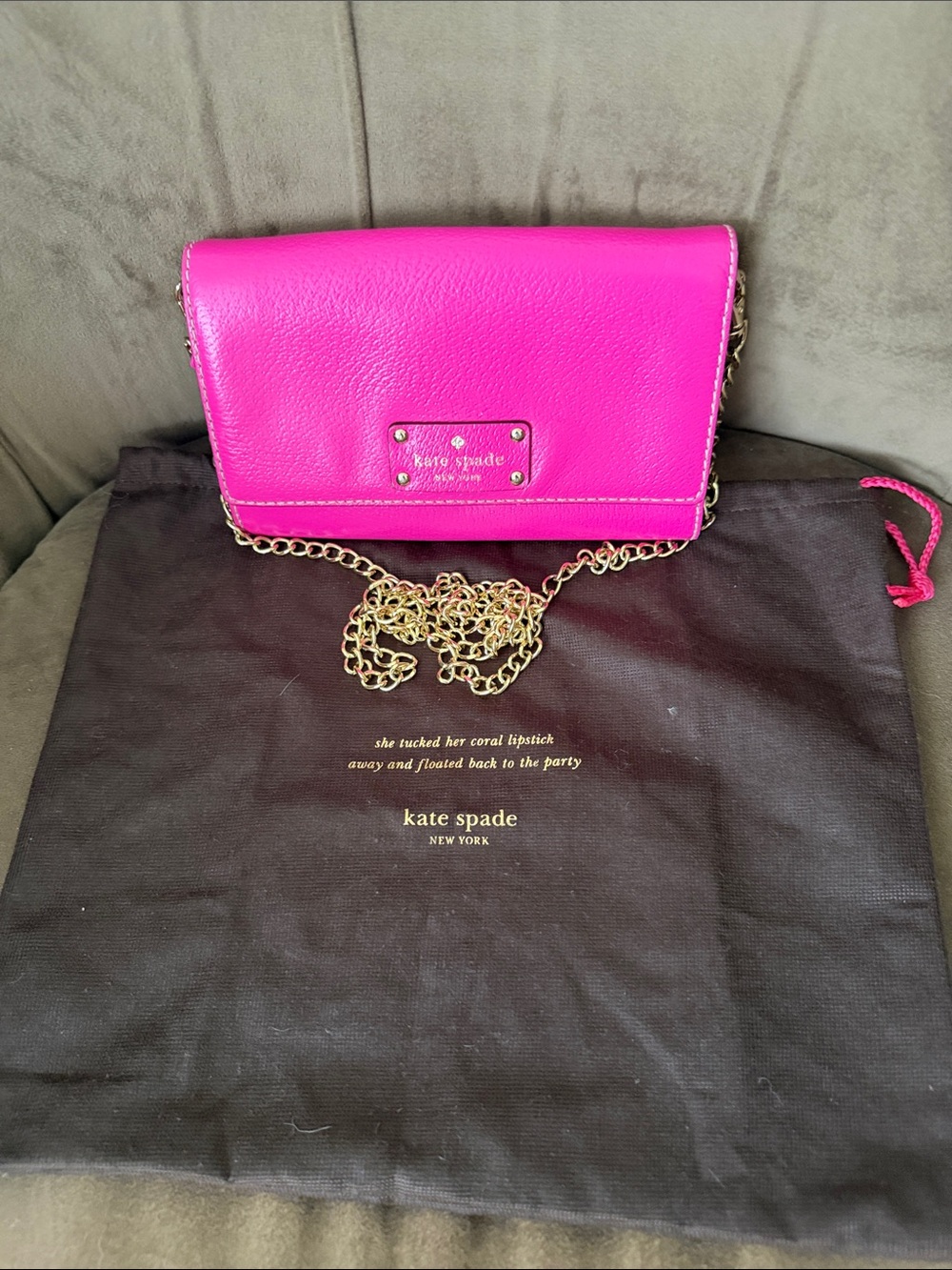 kate spade Hot Pink Leather Gold Chain Crossbody Wallet with Dust Bag